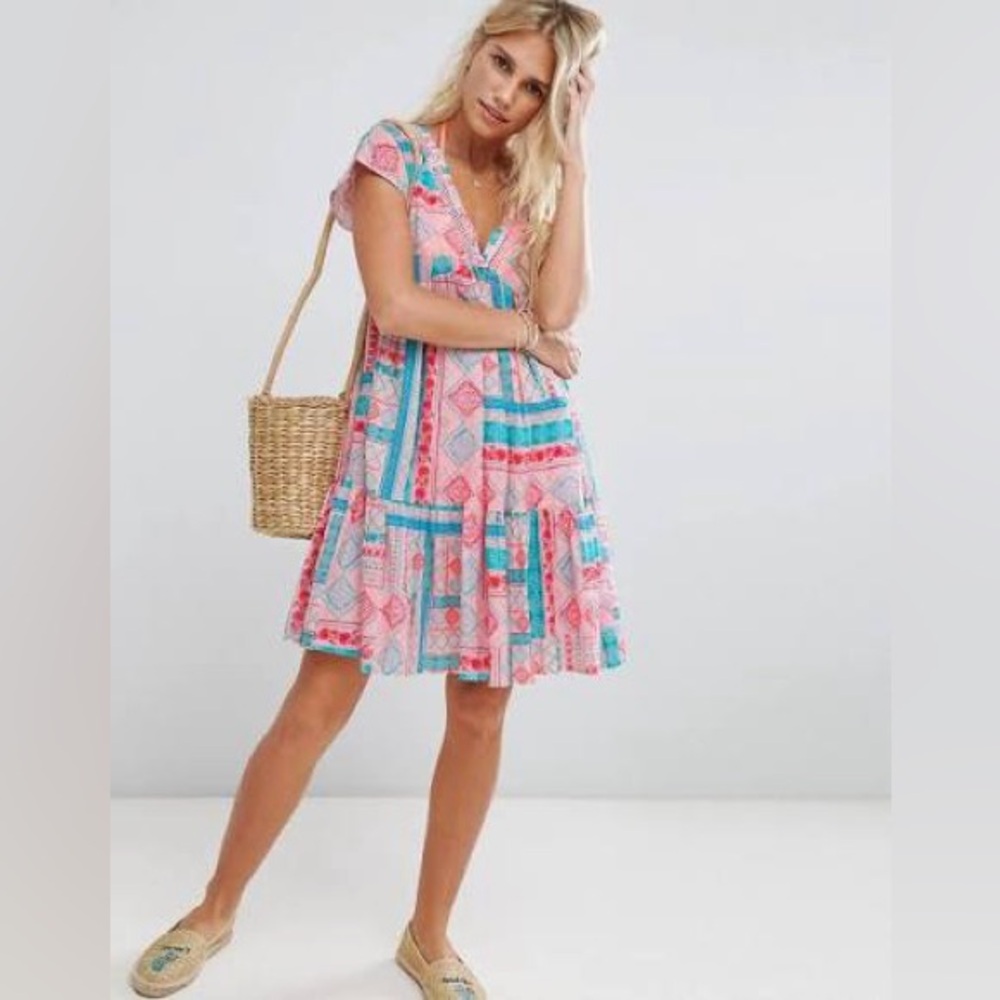 Seafolly June Vacay Print Babydoll V Neck Cotton Mini Dress Size Small